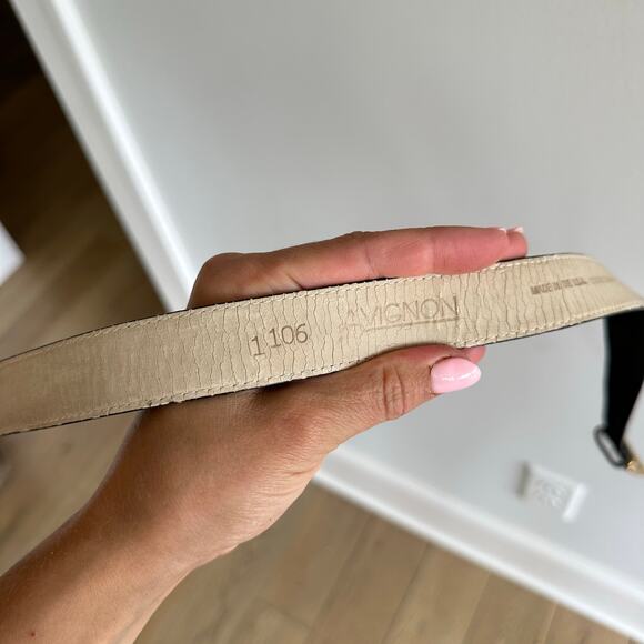 Vintage AVIGNON Gold Buckle Black Genuine Leather Belt L - Picture 7 of 8